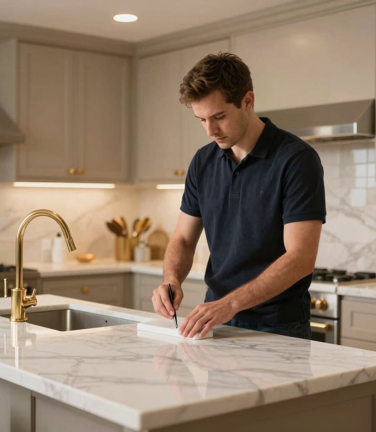 A high-end photography shot of a luxury kitchen renovation in a North American / US home. The image captures a clean marble countertop being polished by a professional, with gold-toned fixtures and warm beige cabinets in the background under bright, modern lighting.