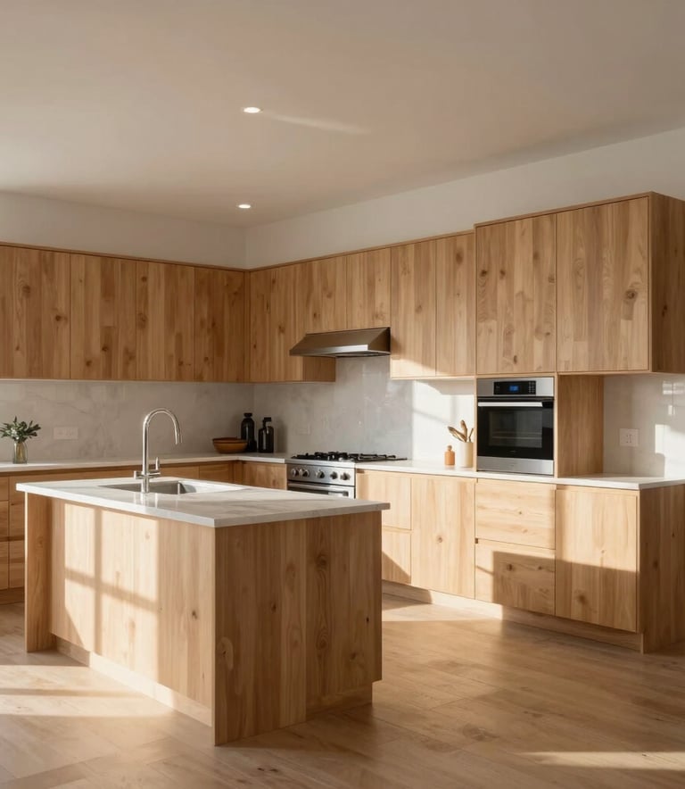 A wide angle interior shot of an open-concept North American kitchen with custom light wood cabinetry, integrated smart appliances, and clean architectural lines under soft morning sunlight.