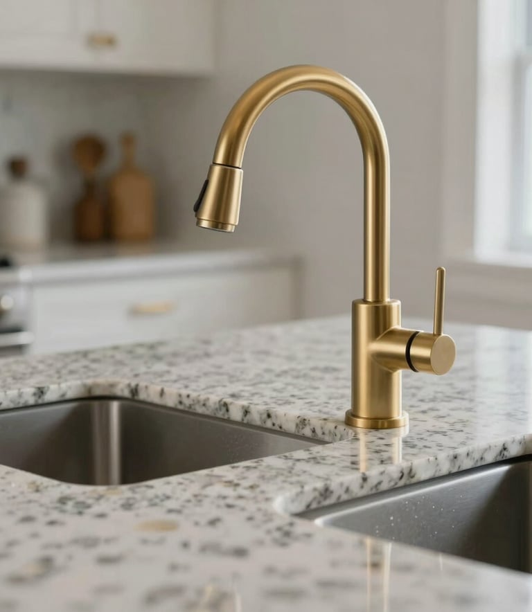 Close-up detail of a North American kitchen featuring a polished quartz countertop and a professional-grade gold-finish faucet, luxury kitchen atmosphere, crisp and bright photography.