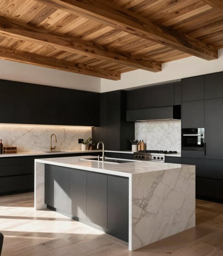 A wide-angle professional photograph of a sunlit high-end modern kitchen in a Los Angeles home. The space features a large white marble island, minimalist matte black cabinetry, and warm wood textures on the ceiling beams.