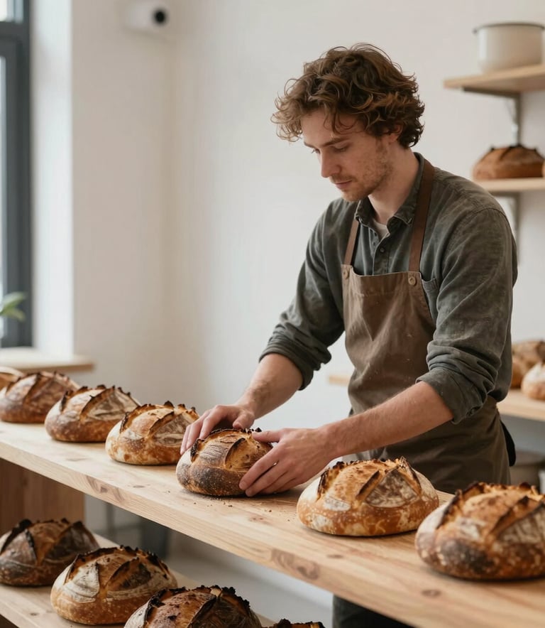 An artisanal baker in a North American shop carefully arranging sourdough loaves on a minimalist wooden shelf, soft natural lighting, Scandinavian style.