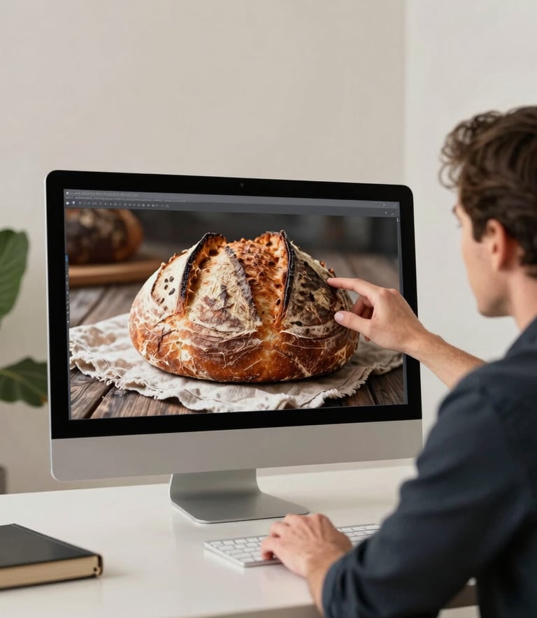 A professional photography shot from a North American studio, showing a digital marketing expert reviewing a high-resolution photo of a rustic sourdough bread on a large monitor. The room is minimalist with Crisp Parchment walls and a Matte Forest Green plant in the corner, conveying a sophisticated yet approachable work environment.