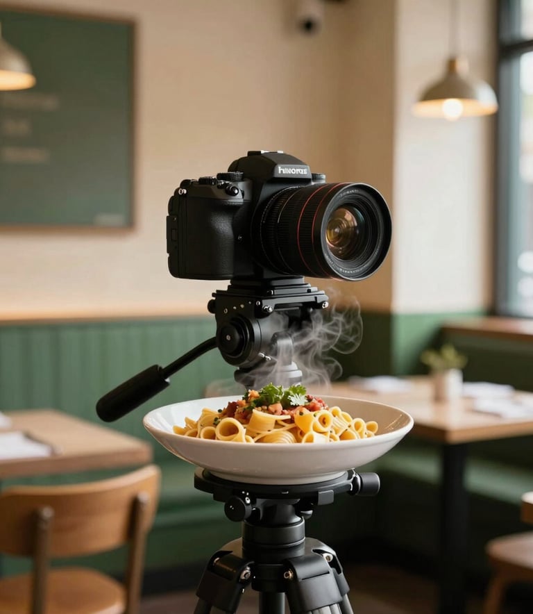 A professional camera on a tripod capturing a steaming bowl of artisanal pasta in a cozy, sun-drenched North American restaurant with Crisp Parchment colored walls and Matte Forest Green accents.