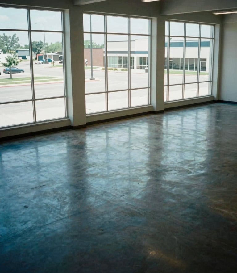 High-angle photography of a spacious, empty commercial building interior in Wichita, polished floors reflecting sky blue light from large windows, North American architecture.
