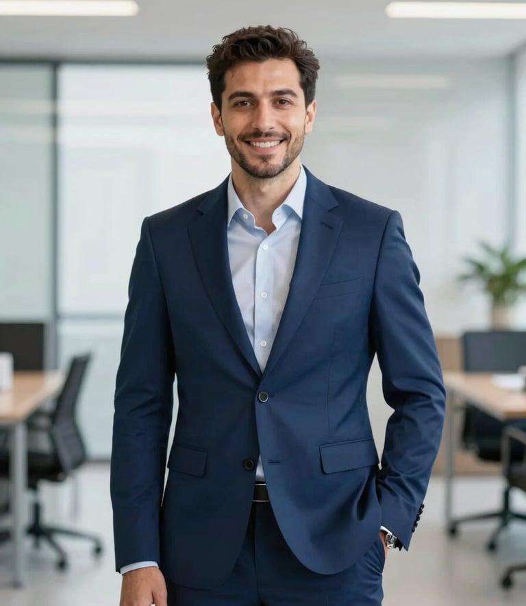 A professional portrait of Savaş Eren, a man in a modern navy blue suit (#0D2D52), smiling with confidence. The background is a clean, bright corporate office with soft natural lighting and minimalist aesthetics, emphasizing trust and professionalism.