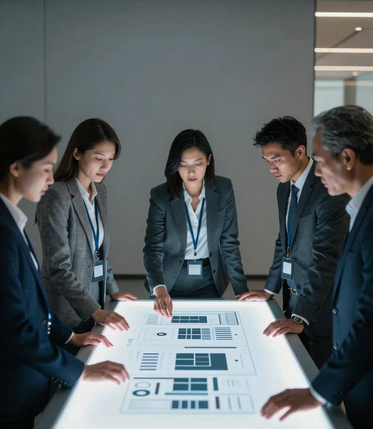A group of diverse professionals in North American business attire working around a high-tech illuminated table in a modern office, focused on a digital presentation, with soft light gray and muted blue lighting.