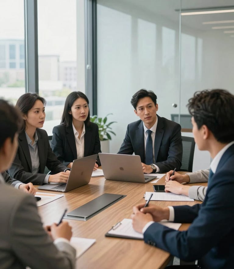 A group of diverse professionals in business attire engaged in a strategic discussion in a bright, modern corporate boardroom with glass walls, North American / International office setting, focused and professional atmosphere, soft natural lighting.