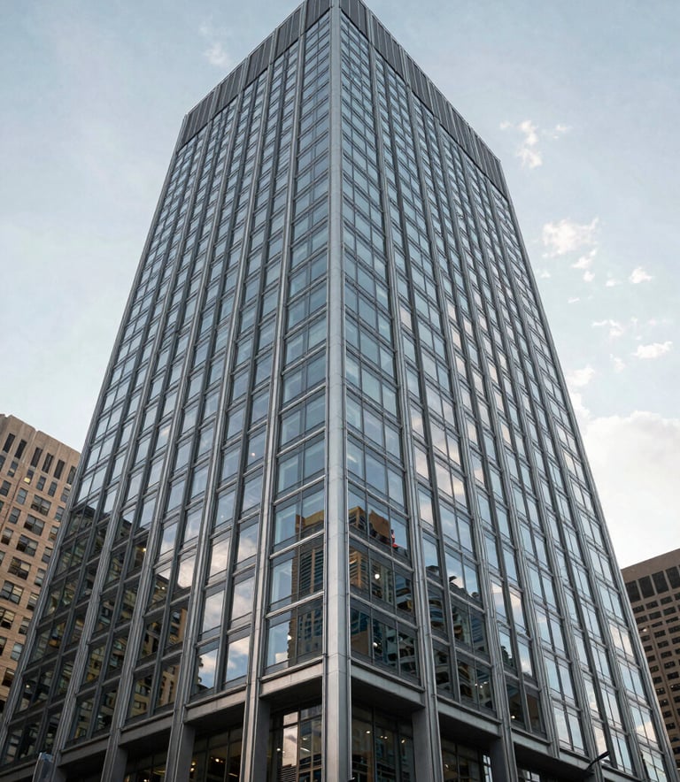 A sharp, low-angle architectural photograph of a modern glass and steel skyscraper in a North American city center, reflecting a clear sky with light gray and muted blue tones, symbolizing stability and corporate growth.