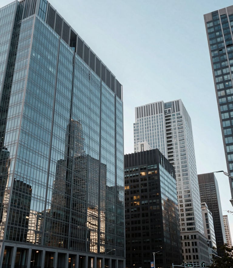 A wide-angle shot of a modern city skyline featuring contemporary glass architecture, reflecting a sense of global reach and corporate stability, North American / International setting, mid-day lighting with a clear sky.