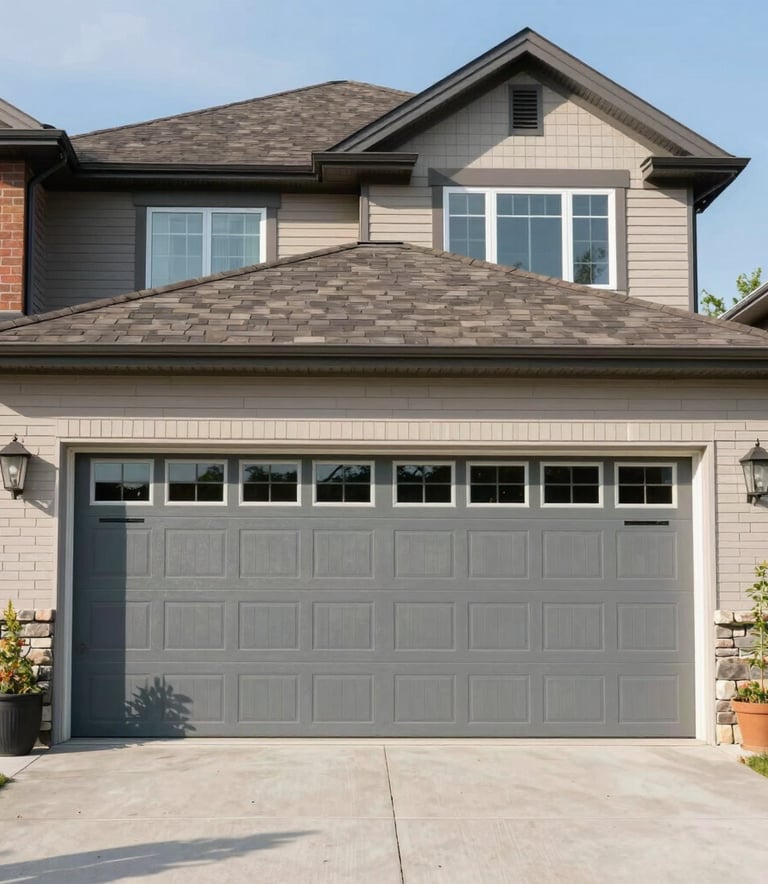 An exterior shot of a beautiful suburban house in Orangeville, Ontario, featuring an elegant slate grey garage door under bright, natural daylight.
