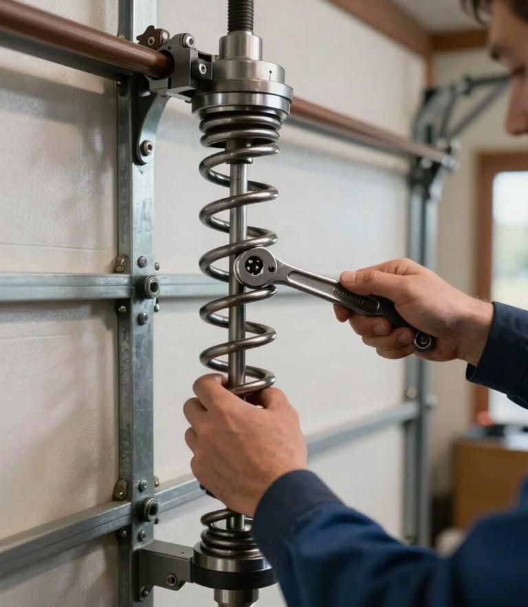 A professional photograph of a technician's hands using a wrench to adjust the tension on a heavy-duty steel garage door spring, indoor residential garage setting, North American / Canadian.