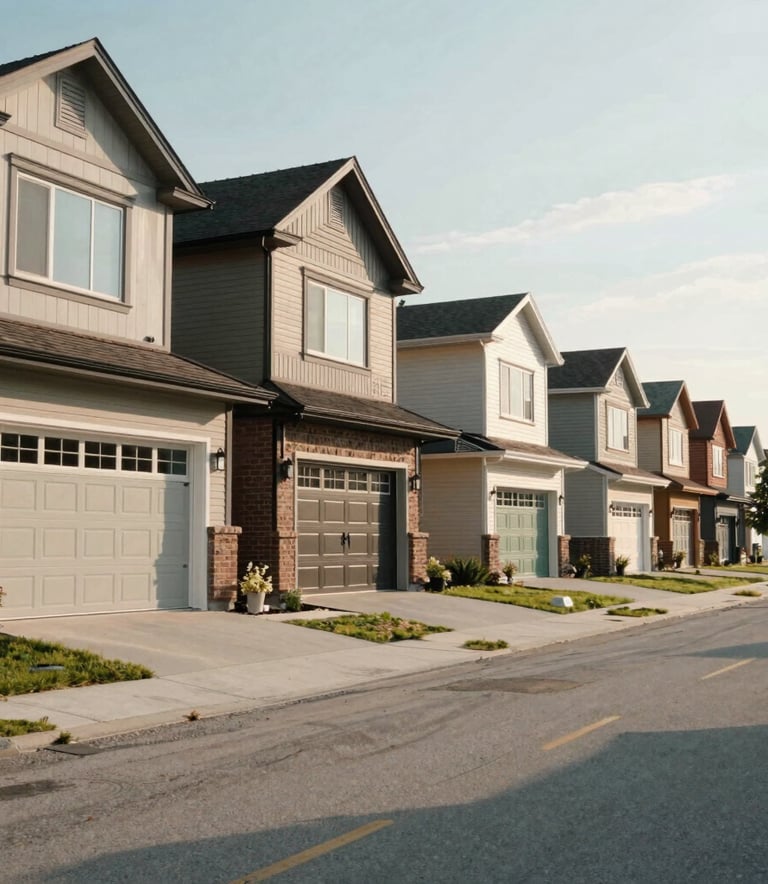A wide angle shot of a clean, modern residential street in Orangeville, Ontario, during a bright afternoon. North American / Canadian architecture with varied high-quality garage doors visible.