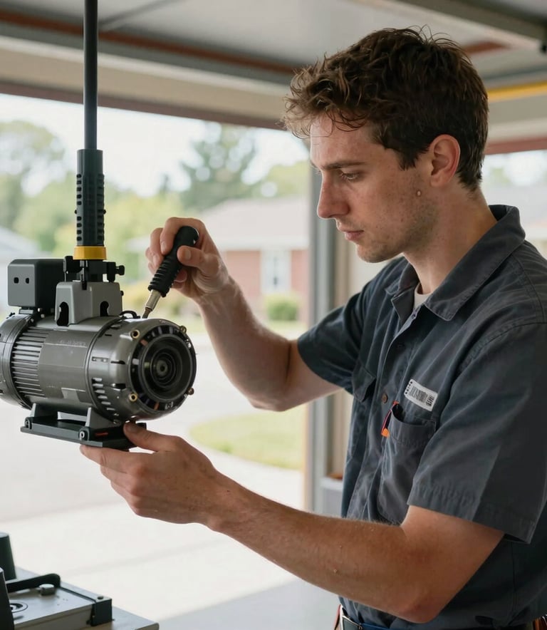 A professional technician in a clean uniform inspecting a garage door opener motor in a well-lit residential garage. North American / Canadian setting with a focus on reliability and quality tools.