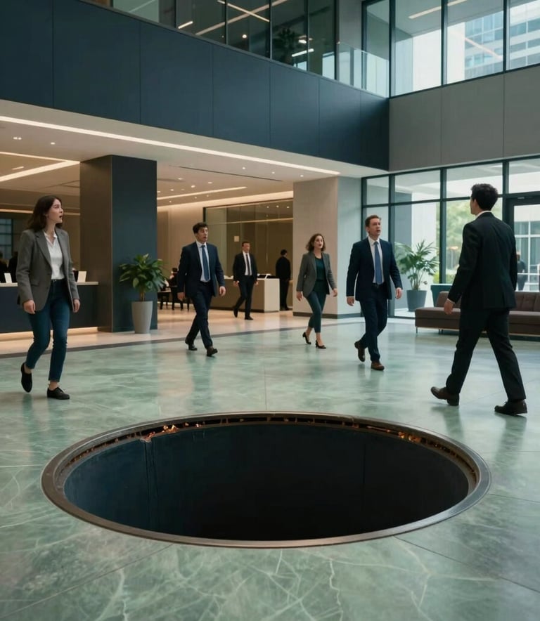 A realistic 'gaping hole' floor illusion in a modern corporate lobby, people walking around it in surprise, North American / International venue, sophisticated architectural lighting, dark navy and soft green palette.
