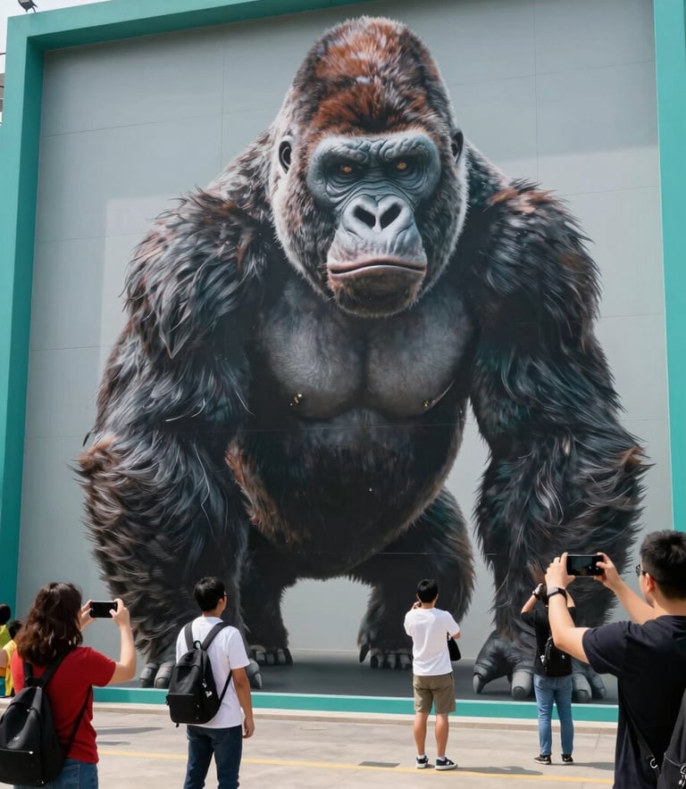 A giant gorilla 3D illusion printed on a large-format gigantography wall in a sleek theme park, visitors interacting and taking selfies, professional photography, North American / International setting, bright daylight, teal accents.