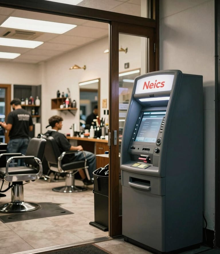 A wide shot of a busy North American barbershop with a sleek ATM machine placed near the entrance, customers in the background, warm interior lighting.