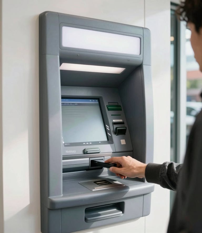 A bright daytime photograph of a person using a sleek ATM inside a modern North American urban grocery store, sharp focus, clean and safe environment.