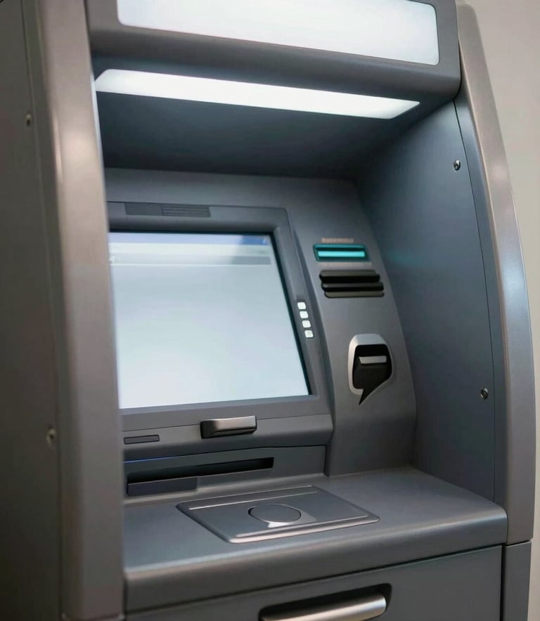 A high-quality close-up photograph of a modern, sleek ATM machine in a professional setting. The machine is silver and charcoal gray with a bright, clear digital screen and soft lighting.
