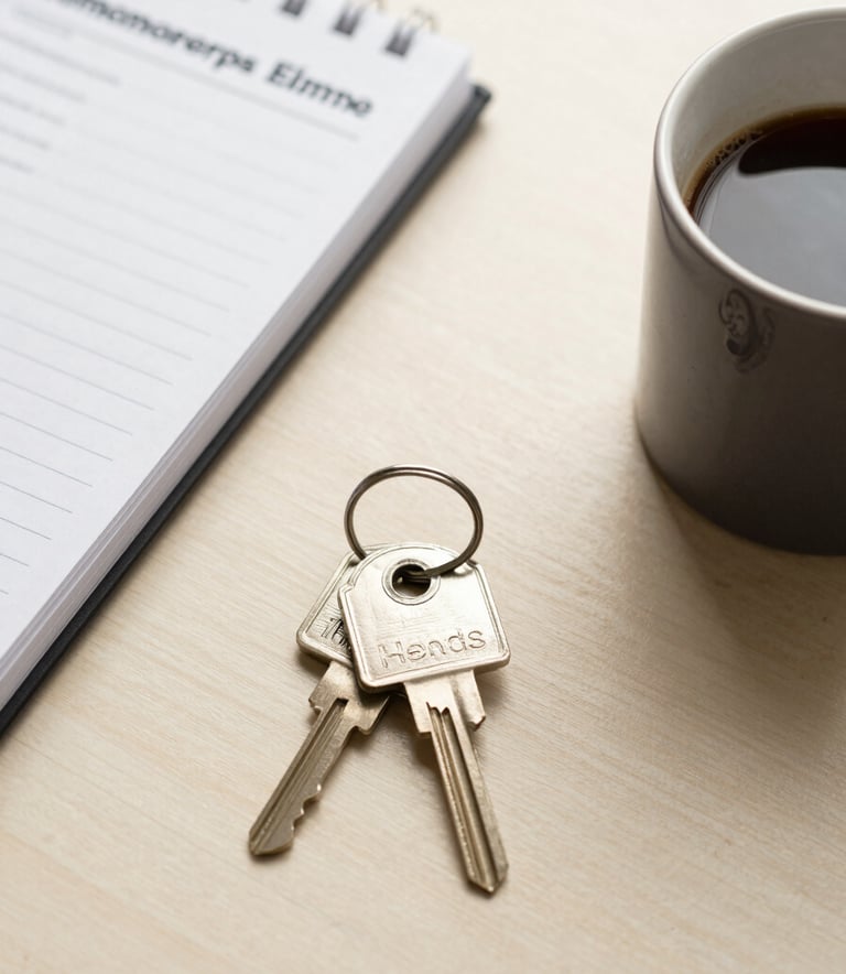 A high-angle shot of a soft cream wooden table featuring a house key, a notebook with real estate notes, and a coffee mug. The setting is warm and inviting, suggesting the start of a homeownership journey.