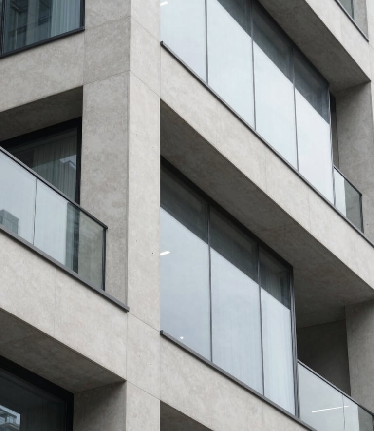 A detailed close-up of a modern architectural structure in a North American city. Focus on sharp edges of off-white concrete meeting clear glass. The lighting is bright and even, highlighting the smooth texture and precise geometric lines. Modern, ultra-minimalist style with a charcoal and light grey palette.