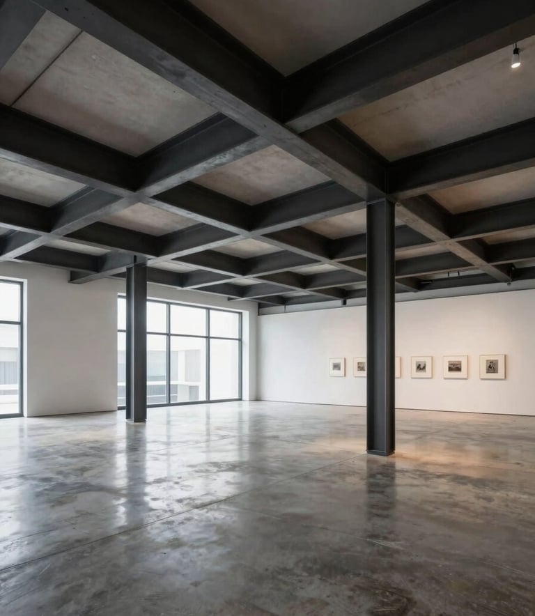Wide-angle photography of a modern, open-concept gallery space in North America with polished concrete floors and charcoal steel beams, demonstrating structured architectural clarity.