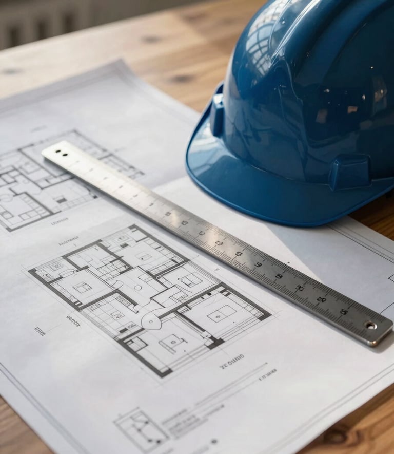 A close-up of professional architectural blueprints spread out on a wooden table, with a dark blue hard hat and a silver scale ruler resting on them, soft morning light in a Northern European office.