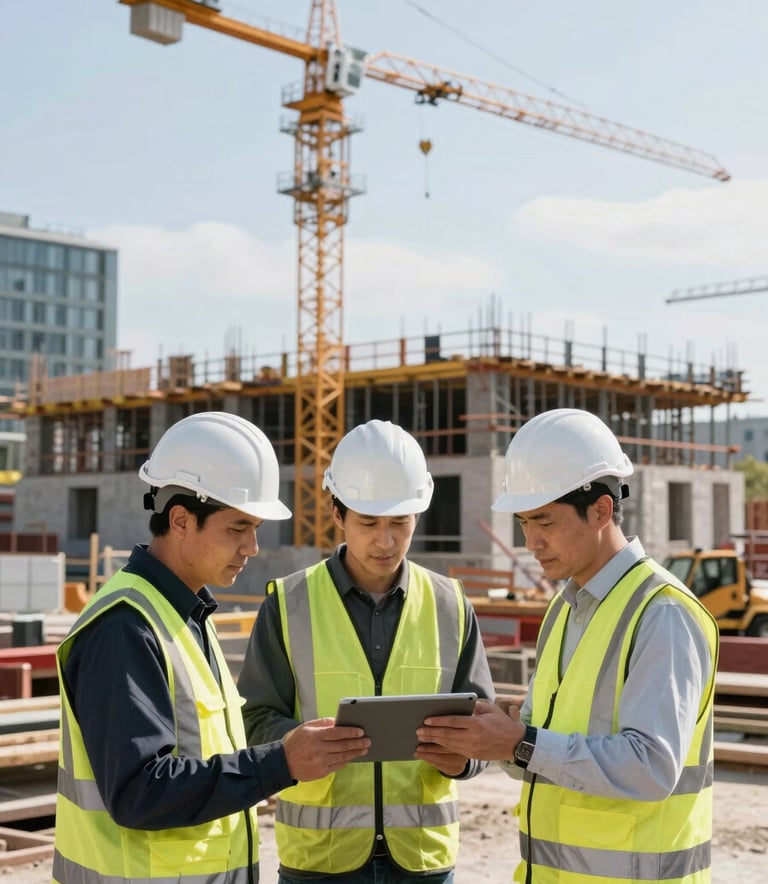 A high-resolution photograph of an active, well-organized construction site in a Northern European city. Professional engineers in high-visibility gear and white hard hats are reviewing a digital tablet, with a large crane and modern steel framework in the background under a clear sky.