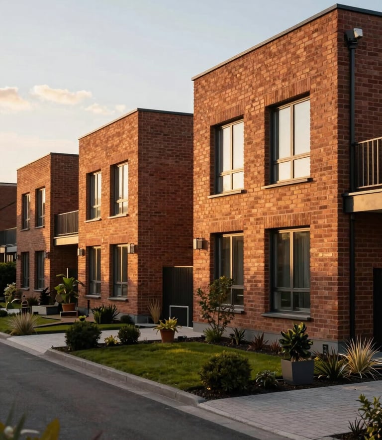 A luxury residential street in a Northern European suburb featuring newly constructed contemporary brick houses with large windows and manicured front gardens, captured during the golden hour.