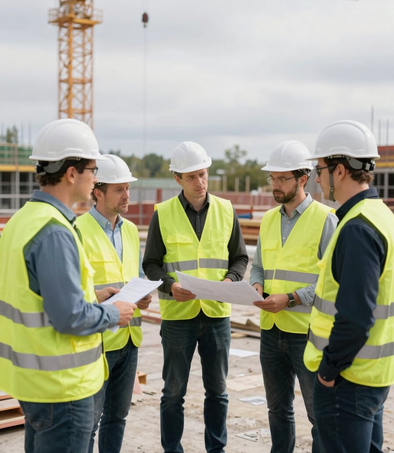 A group of professional project managers and site foremen in smart-casual attire and safety vests standing on a construction site, discussing plans, Northern European setting, daylight.