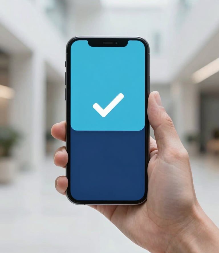 A hand holding a high-end smartphone displaying a streamlined payment confirmation interface with a checkmark. The background is a clean architectural space using #ADC8CD and #0A192F.