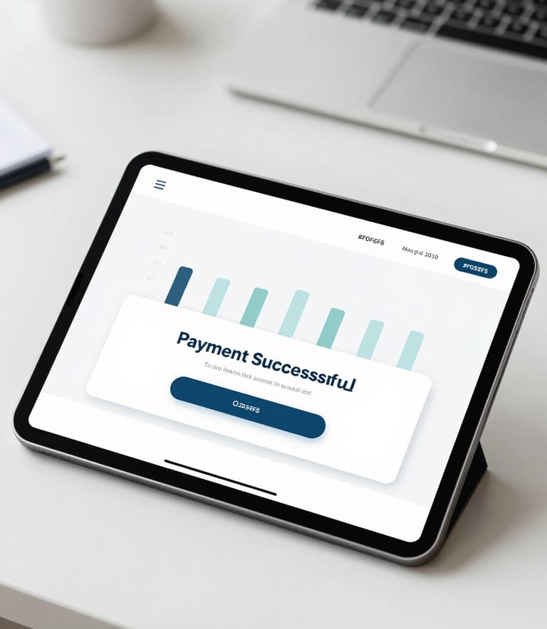 A high-angle shot of a clean desk where a tablet displays a streamlined bill payment interface with simple graphs and a 'Payment Successful' confirmation. The environment is organized and professional, featuring tones of #F0F5F5 and #2D545E, conveying simplified financial management and modern efficiency.