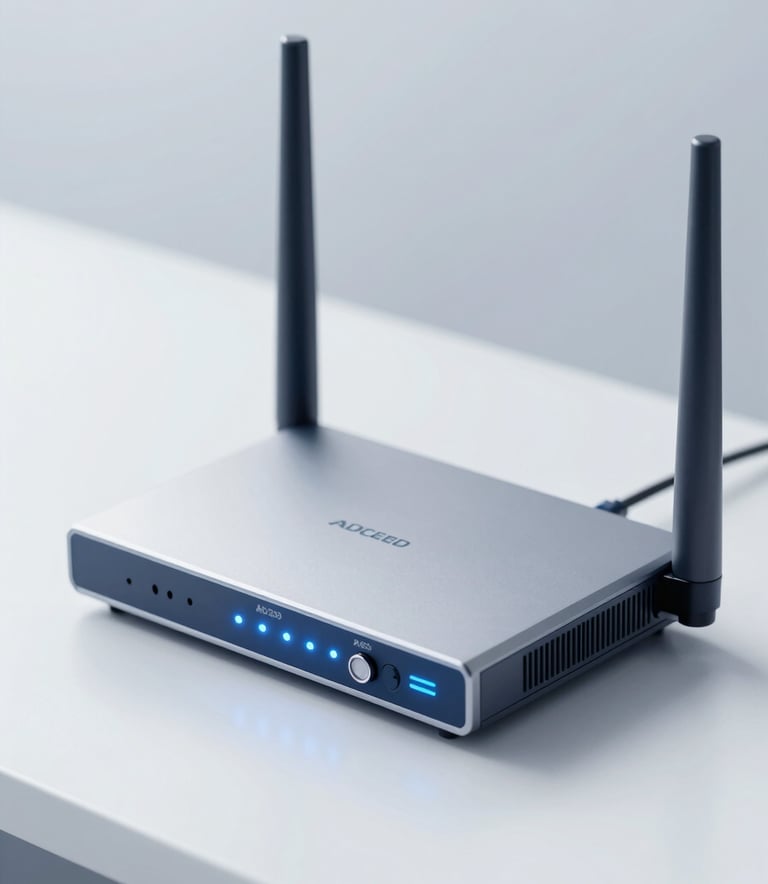 A minimalist close-up of a sleek high-speed fiber-optic router glowing with soft status lights, placed on a polished white surface. The atmosphere is professional and reliable, using a palette of #ADC8CD and #0A192F to suggest high-tech efficiency and streamlined connectivity.