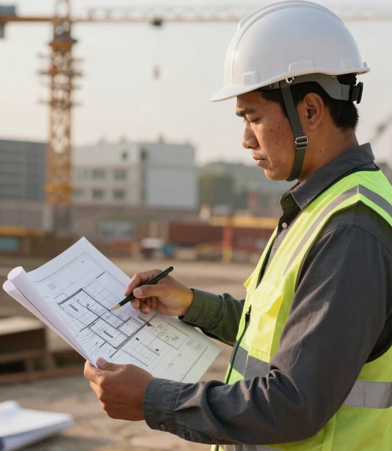 A professional construction management scene showing an Indigenous professional in a white hard hat and safety vest reviewing architectural plans on a site. Clean, modern aesthetic with soft morning light. Palette includes #1A1A1A and #A89F95.