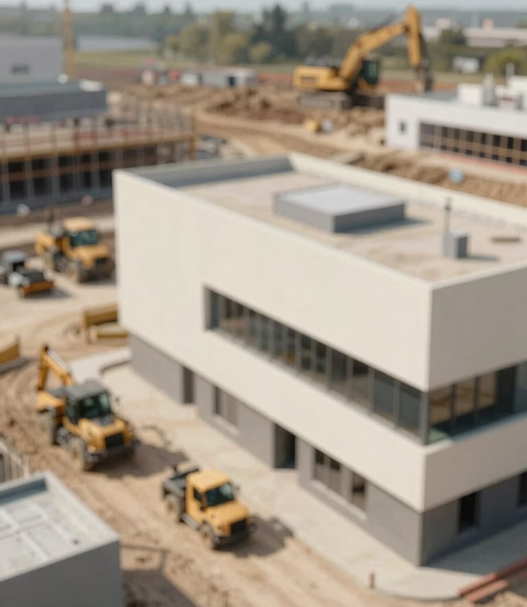 A high-angle architectural shot of a modern construction site featuring clean lines, organized equipment, and a sense of professional progress. Incorporates soft shadows and the brand's neutral color palette including cream and charcoal tones.