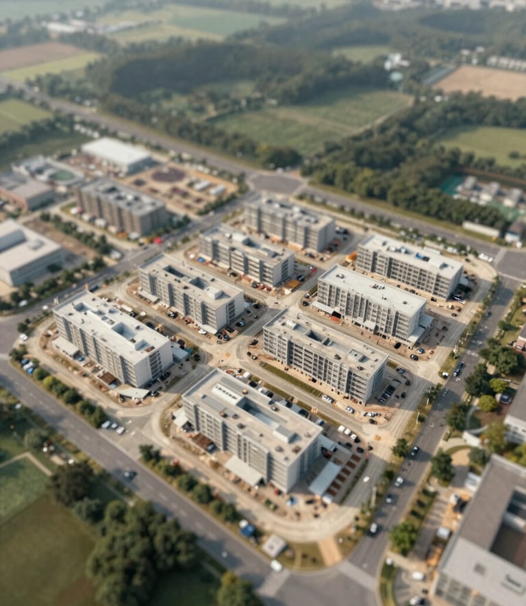 A sophisticated aerial view of a land development project site, showing clean architectural lines and organized construction zones against a natural landscape. Professional photography style featuring colors #524B43 and #EAE0D0.