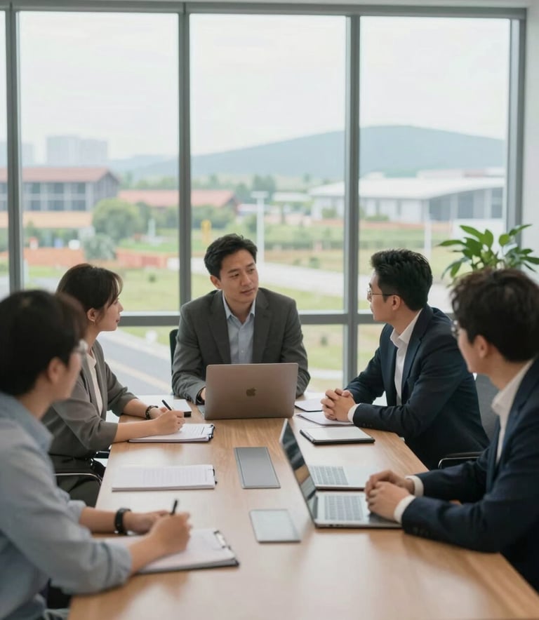 A professional collaborative meeting between land developers and consultants in a bright, modern office space with large windows overlooking a developing landscape.