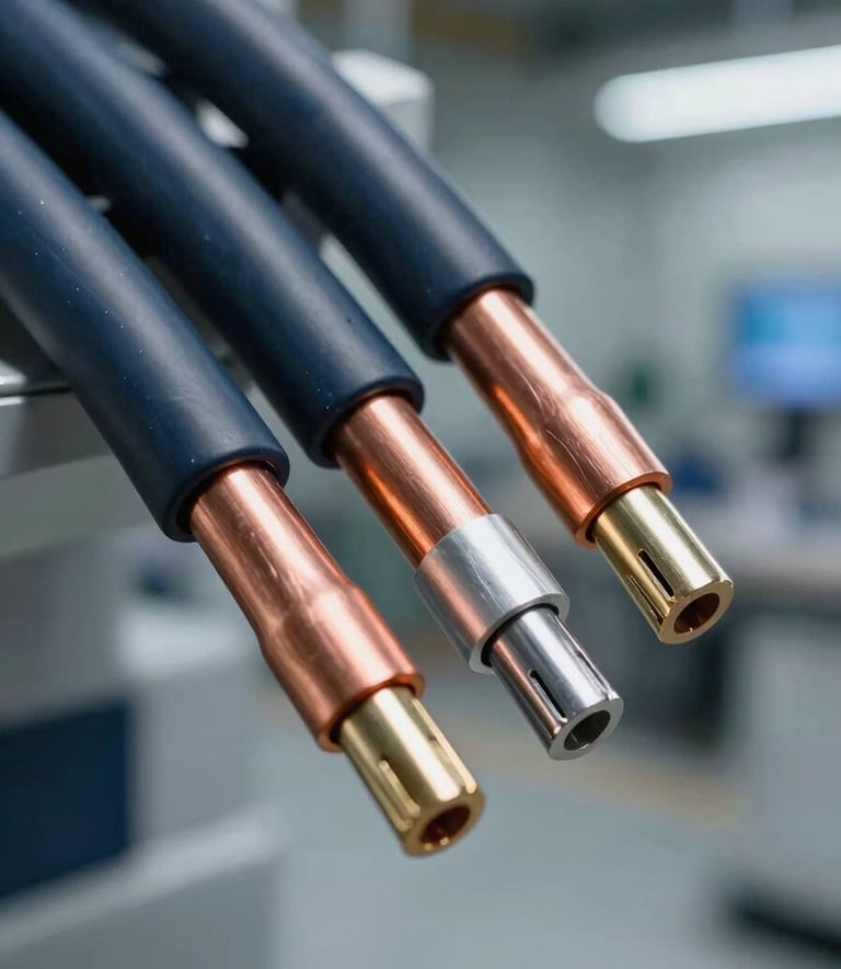 A close-up, sharp photography of premium quality copper and aluminum industrial network cables. The scene is set in a modern, clean technician's facility in a Middle Eastern / Gulf industrial park. The lighting is focused and clear, highlighting the textures of Charcoal Blue and Midnight Navy insulation. High-tech and professional atmosphere.