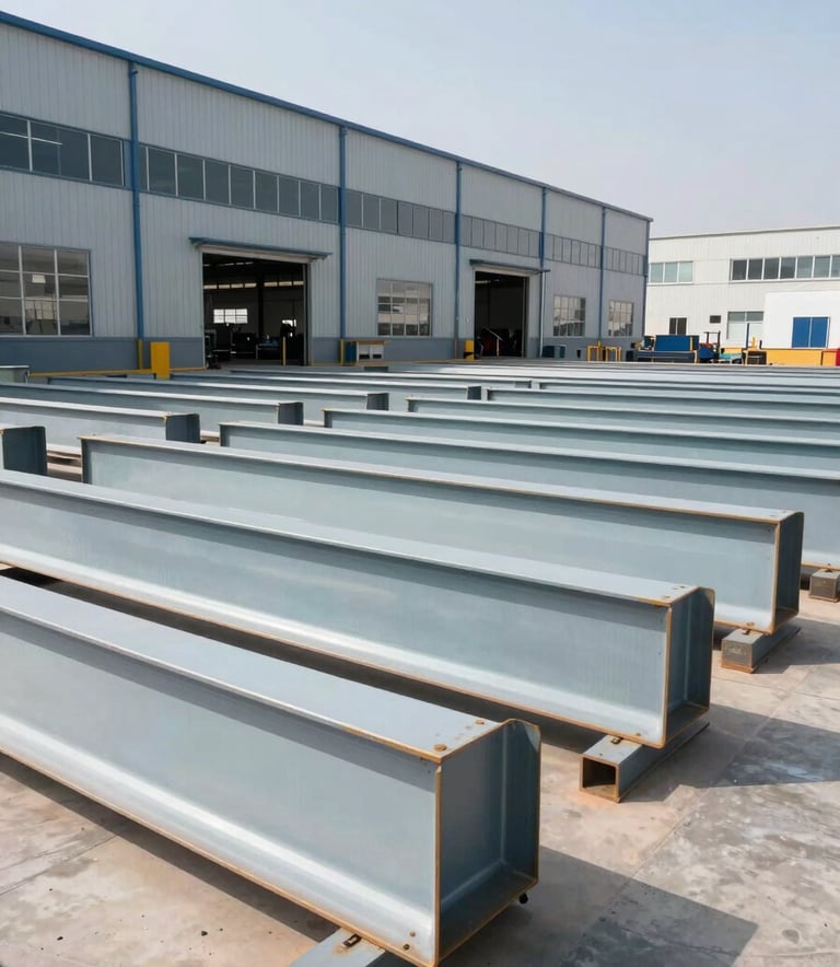 Wide-angle architectural photography of a modern metal processing and distribution warehouse in Dammam, Saudi Arabia. High-quality steel beams are organized in the foreground. The environment is professional and efficient, with a bright midday sun. The color palette emphasizes Arctic Mist and Cool Steel surfaces.