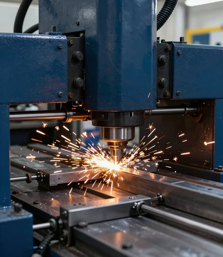 A high-precision industrial metal cutting process in a modern facility in Saudi Arabia, sparks flying from steel, high technology machinery, industrial blue and midnight navy color palette, professional photography.