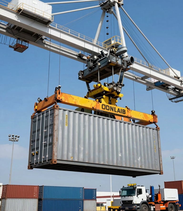 A professional logistics operation in a Middle Eastern / Gulf industrial port, showing a heavy-duty crane lifting metal containers, clear bright blue sky, sharp focus, metallic silver and cloud grey industrial tones.