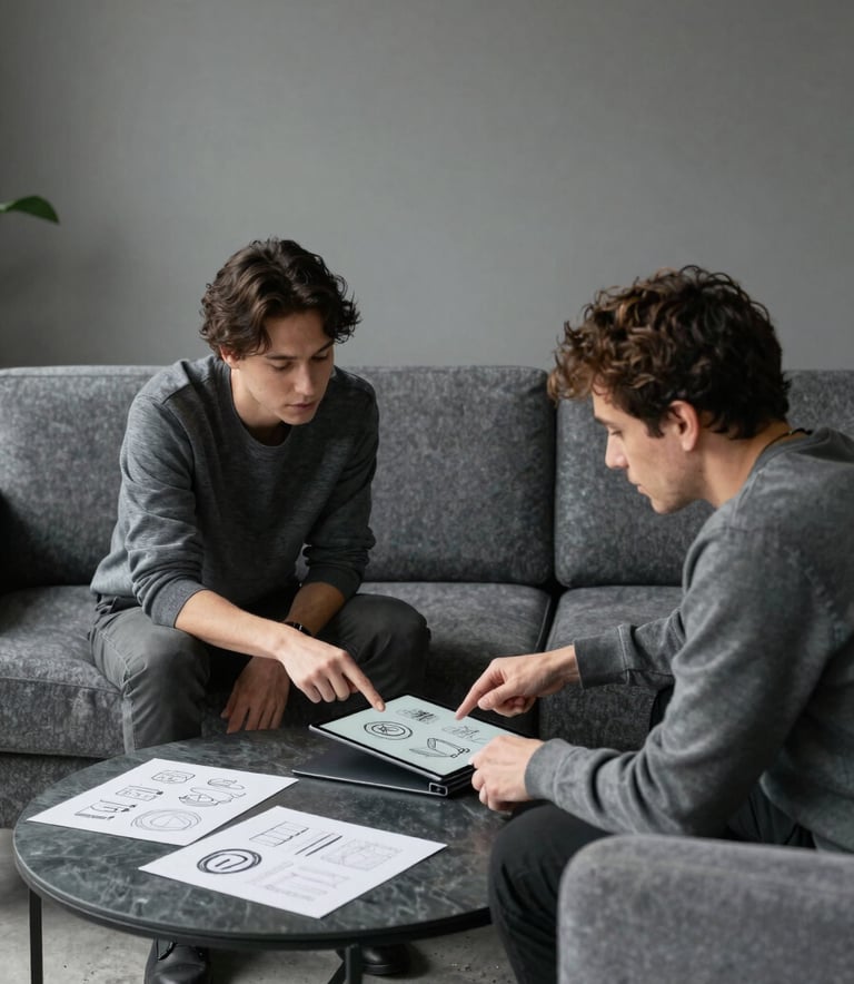 A professional collaborative meeting between two people in a minimalist British / UK design studio, reviewing branding sketches on a tablet, modern slate grey furniture.