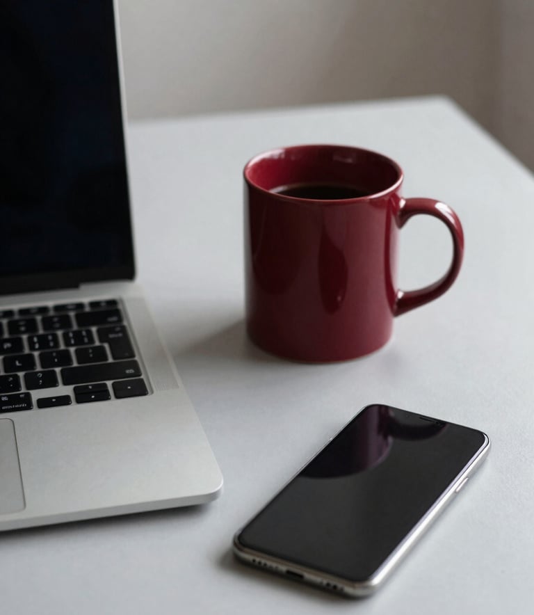 A close-up shot of a minimalist workstation in a bright British / UK studio. A sleek laptop sits on a soft pale grey desk next to a deep crimson red coffee mug and a dark charcoal grey smartphone. The lighting is natural and clean, suggesting a modern startup environment.