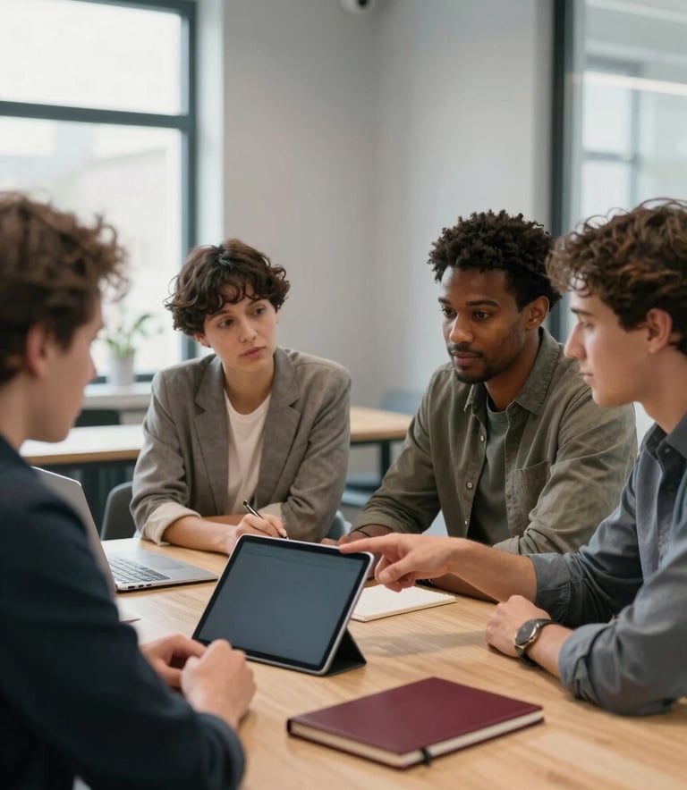 A group of diverse professionals having a collaborative meeting in a modern British / UK co-working space with soft pale grey walls and large windows. One individual is pointing at a dark charcoal grey tablet, while another has a deep crimson red notebook on the table. The atmosphere is energetic and professional.