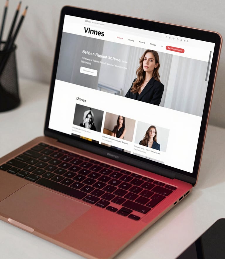Close-up of a high-end laptop displaying a clean website design on a white desk in a British / UK home office, palette includes deep crimson red accents.