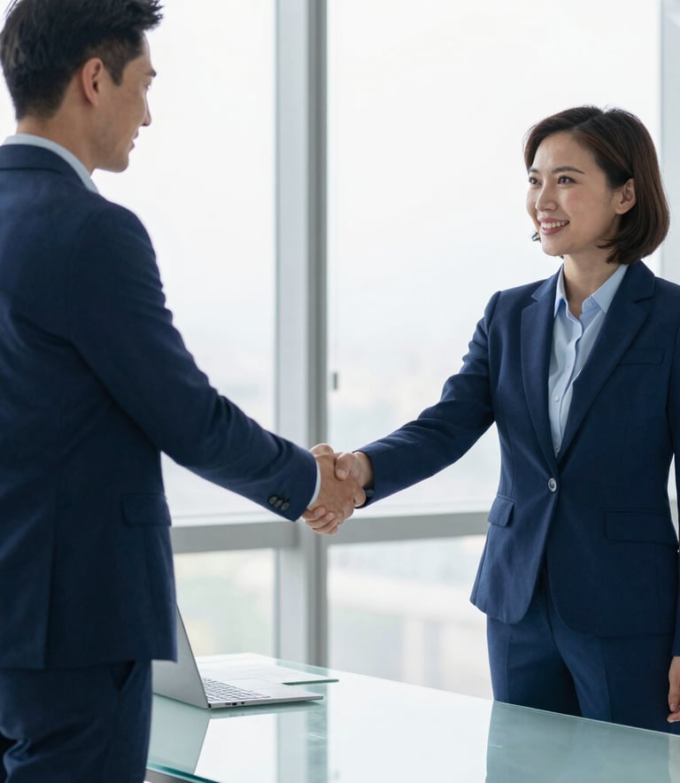A professional and sophisticated meeting scene in a bright, modern corporate office. Two professionals are engaged in a confident handshake across a minimalist glass desk, symbolizing trust and partnership. The scene incorporates brand colors through professional attire and office decor in shades of #1A2E44 and #8DAACB.