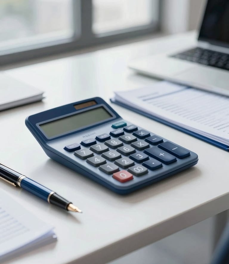 A high-end, modern accounting desk featuring a sleek calculator, an elegant fountain pen, and neatly organized financial ledgers on a polished surface. The color palette includes professional deep blues (#1A2E44) and clean whites (#F5F8FA). Natural lighting from a large office window creates a trustworthy and intelligent atmosphere.