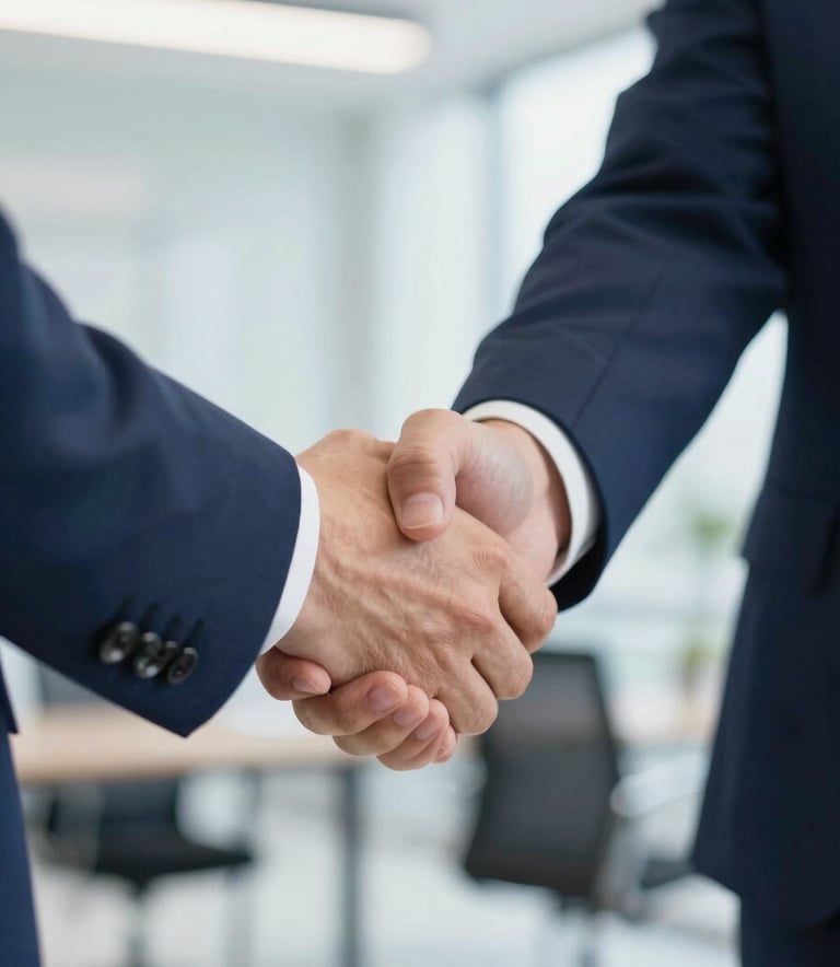 Close-up of a professional handshake in a bright, modern office setting. The lighting is soft and natural, emphasizing trust and collaboration. The suits are dark navy blue (#1A2E44), and the atmosphere is clean and sophisticated.