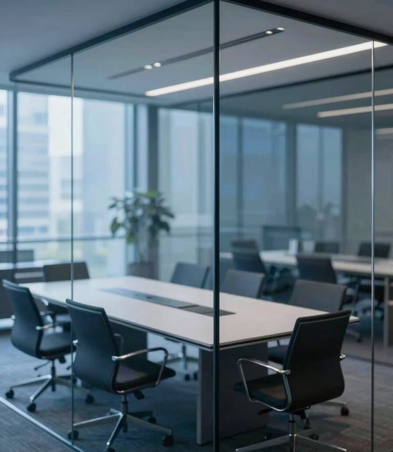 A high-angle, professional photograph of a modern glass-walled boardroom in a corporate office. The scene incorporates a palette of deep blues and greys (#1A2E44, #3C6B94), with clean lighting reflecting an intelligent and trustworthy accounting atmosphere.