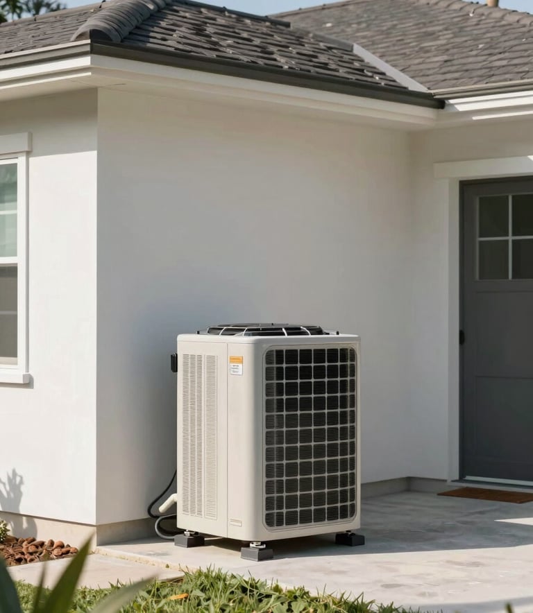 A clean, modern North American residential home with a professional central air conditioning unit installed outside, bright Florida sunlight, high-quality architectural photography.