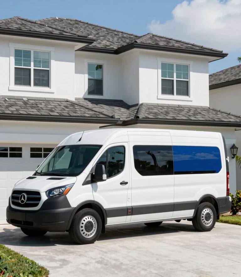 A clean, modern North American house exterior in Florida during a bright, sunny day. A professional white service van with subtle Deep Blue branding is parked in the driveway. High-resolution photography conveying reliability and professional standards.
